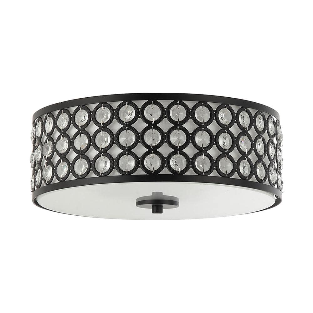 14 in. 3-Light Black Drum Flush Mount Crystal Ceiling Light with Clear Inner Shade - Hercitys