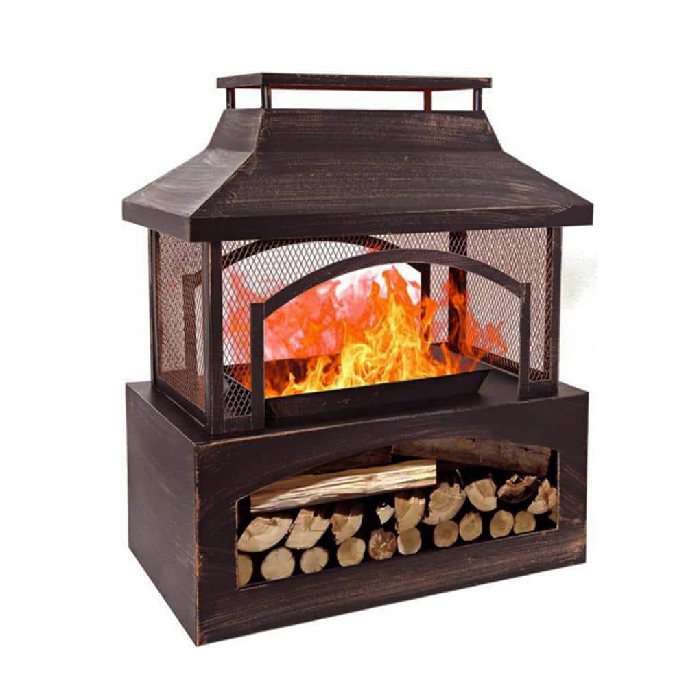 37 in. Steel Outdoor Wood Burning Fireplace with Wood Storage Rectangular Freestanding - Hercitys