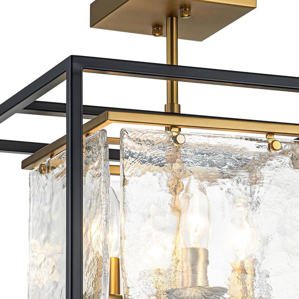 13.98 in. 4-Light Matte Black Industrial Semi-Flush Mount Ceiling Light Fixture With Hazy Textured Glass Shade - Hercitys