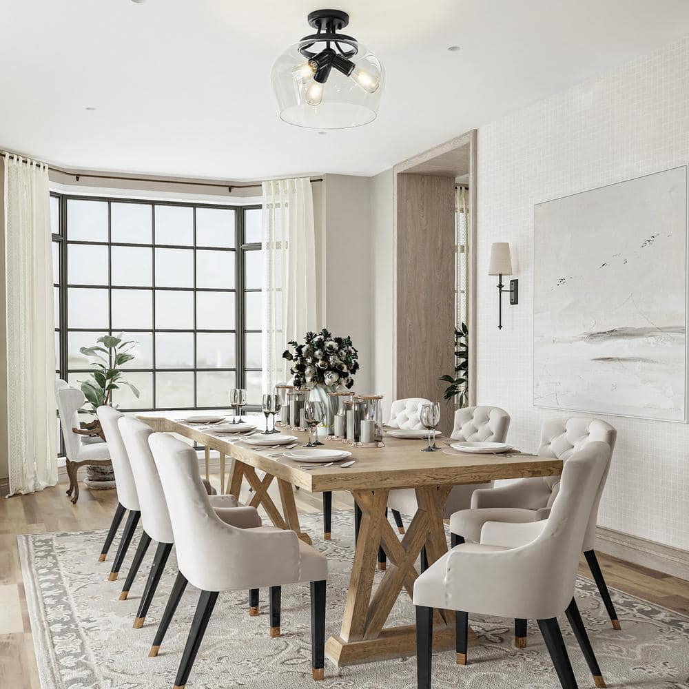 14 in. 3-Light Matte Black Semi-Flush Mount with Clear Glass Shade - Hercitys