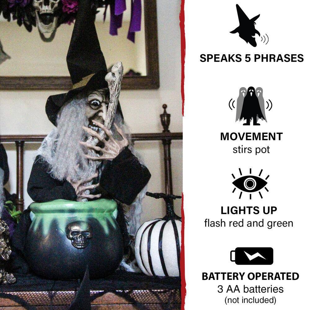 19 in. Battery Operated Animated Witch with Red and Green LED Eyes Halloween Prop - Hercitys