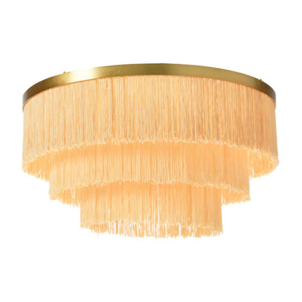 13 3/4 in. 2-Light Sleek Gold Flush Mount with Fringe Shade in Cream - Hercitys