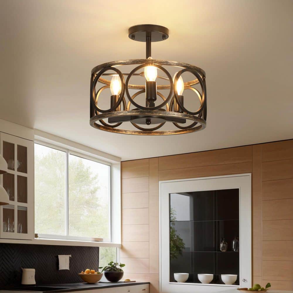 13 in. 3-Light Black Cage Drum Semi-Flush Mount Ceiling Light Fixtures Industrial Farmhouse Style for Kitchen Island - Hercitys