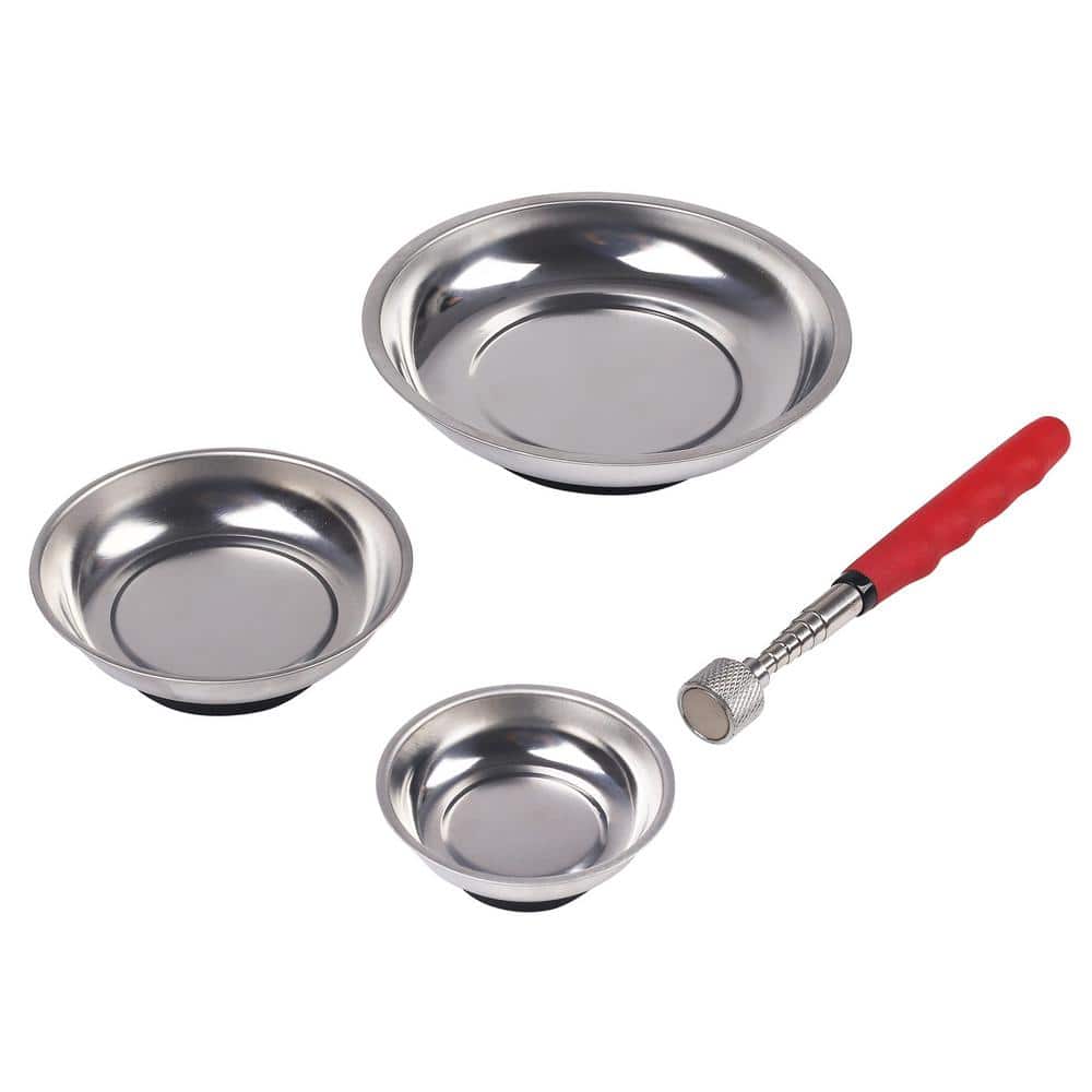 4-Piece Magnetic Tool Tray Set-3 Round Magnetic Tool Trays and Magnetic Pick-Up Tool - Hercitys