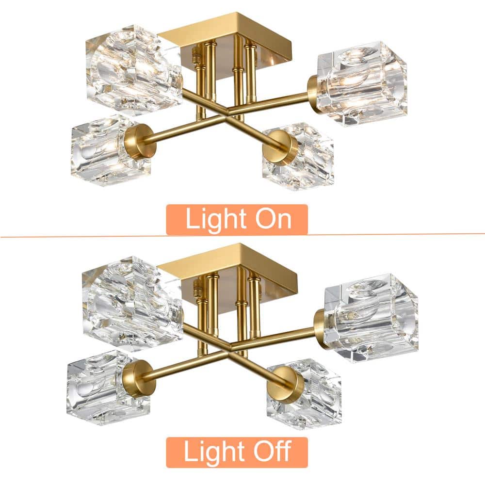 15 in. 4-Light Gold Modern Semi-Flush Mount with Crystal Shade and No Bulbs Included 1-Pack - Hercitys