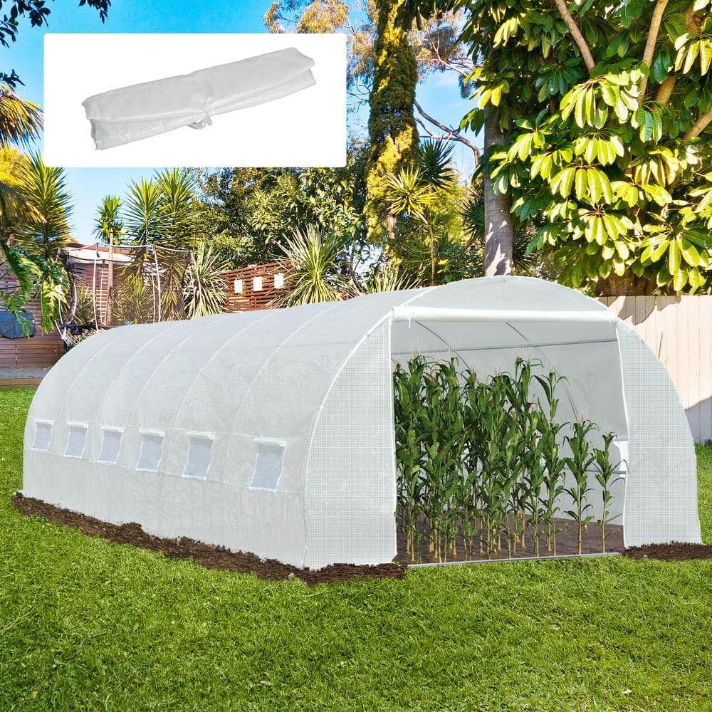 236.25 in. x 118 in. x 78.75 in. White Replacement Greenhouse Cover Tarp with 12 Windows and Zipper Door - Hercitys