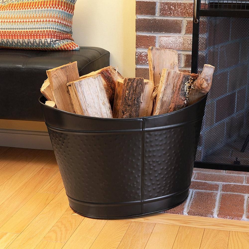 23.25 in. L Black Oval Wood Bin Fireplace Log Holder - Hercitys