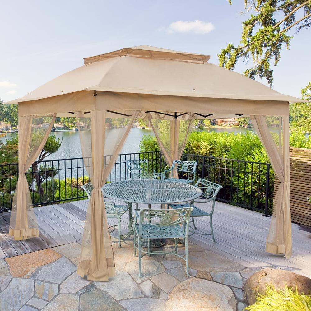 11 ft. x 11 ft. Beige Steel Pop-Up Gazebo with Mosquito Netting - Hercitys