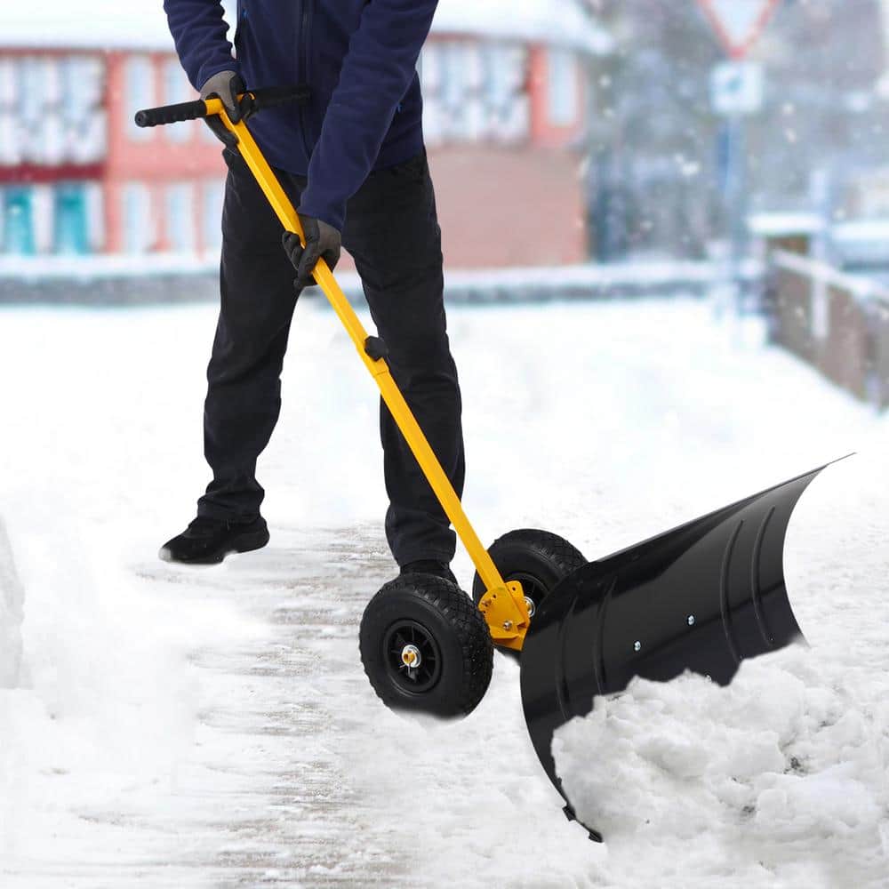 29 in. Adjustable Angle Rubber Handle Steel Blade Snow Shovel with Wheels, Snow Pusher, Snow Removal Tool, Yellow - Hercitys