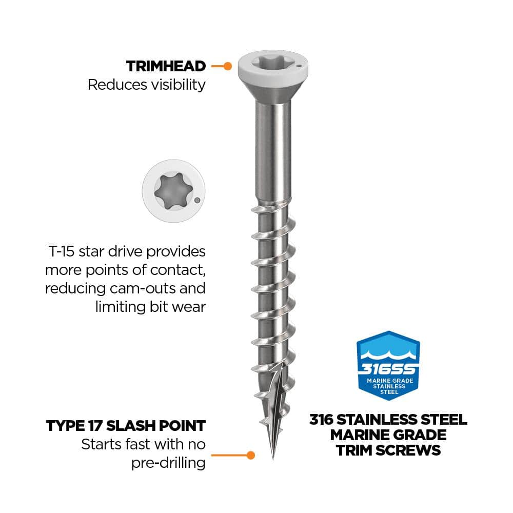 1-5/8 in. #8 316 Stainless Steel White Premium Star Drive Trim Screws (100-Count) - Hercitys