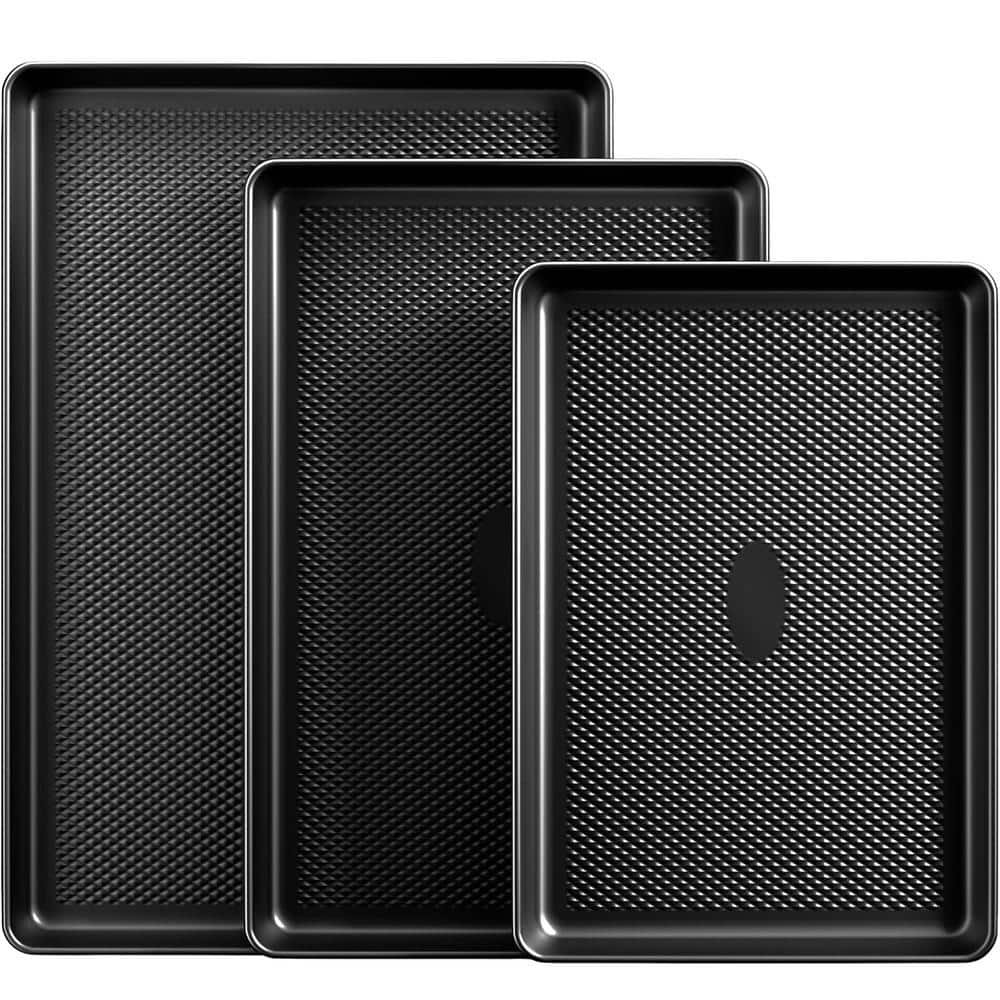 3-Piece Carbon Steel Baking Sheet Pan Sets, Heavy Duty Nonstick Cookie Tray for Oven with Diamond Texture Pattern, Gray - Hercitys