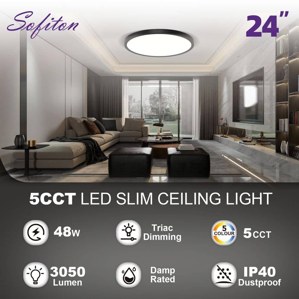 24 in. 48-Watt 3050 Lumens Black Integrated LED Flat Panel Light Flush Mount Ceiling Light with 5CCT Selectable - Hercitys