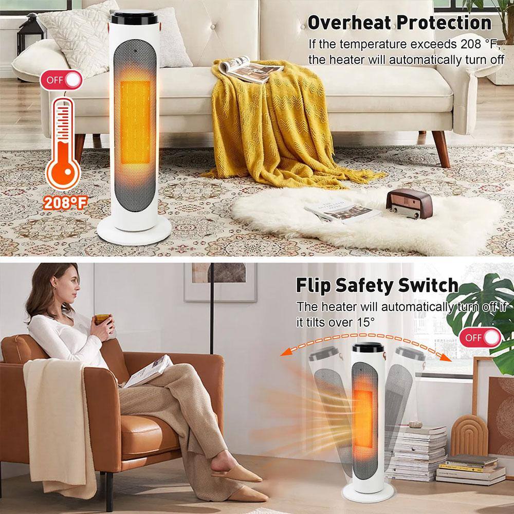 24.4 in.H 1500-Watt Electric Ceramic Space Heater Silent Adjustable Thermostat,3 Heat Settings Convector Heater, White - Hercitys