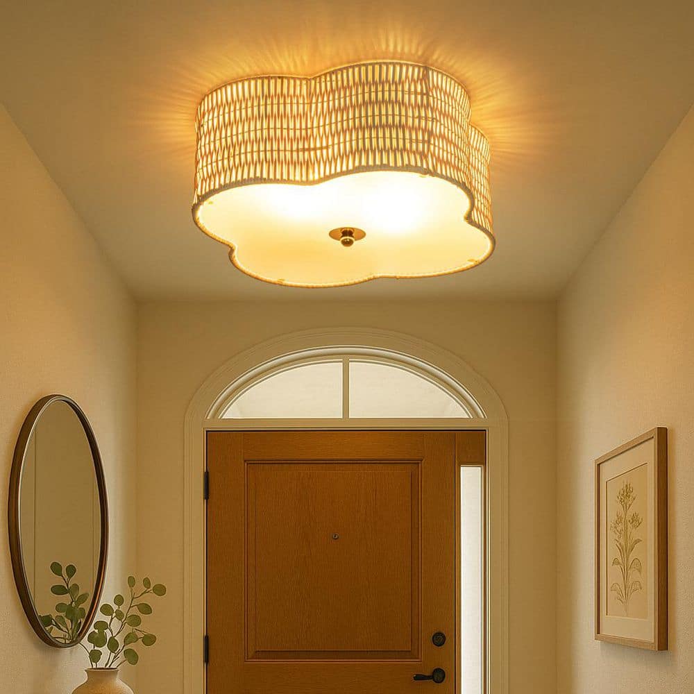 16.75 in. 2-Light Rattan Ceiling Flush Mount with Glass Bottom - Hercitys