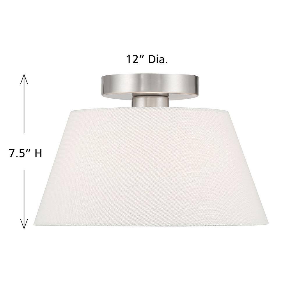 12 in. W x 7.5 in. H 1-Light Brushed Nickel Modern Semi-Flush Mount with White Linen Fabric Shade - Hercitys