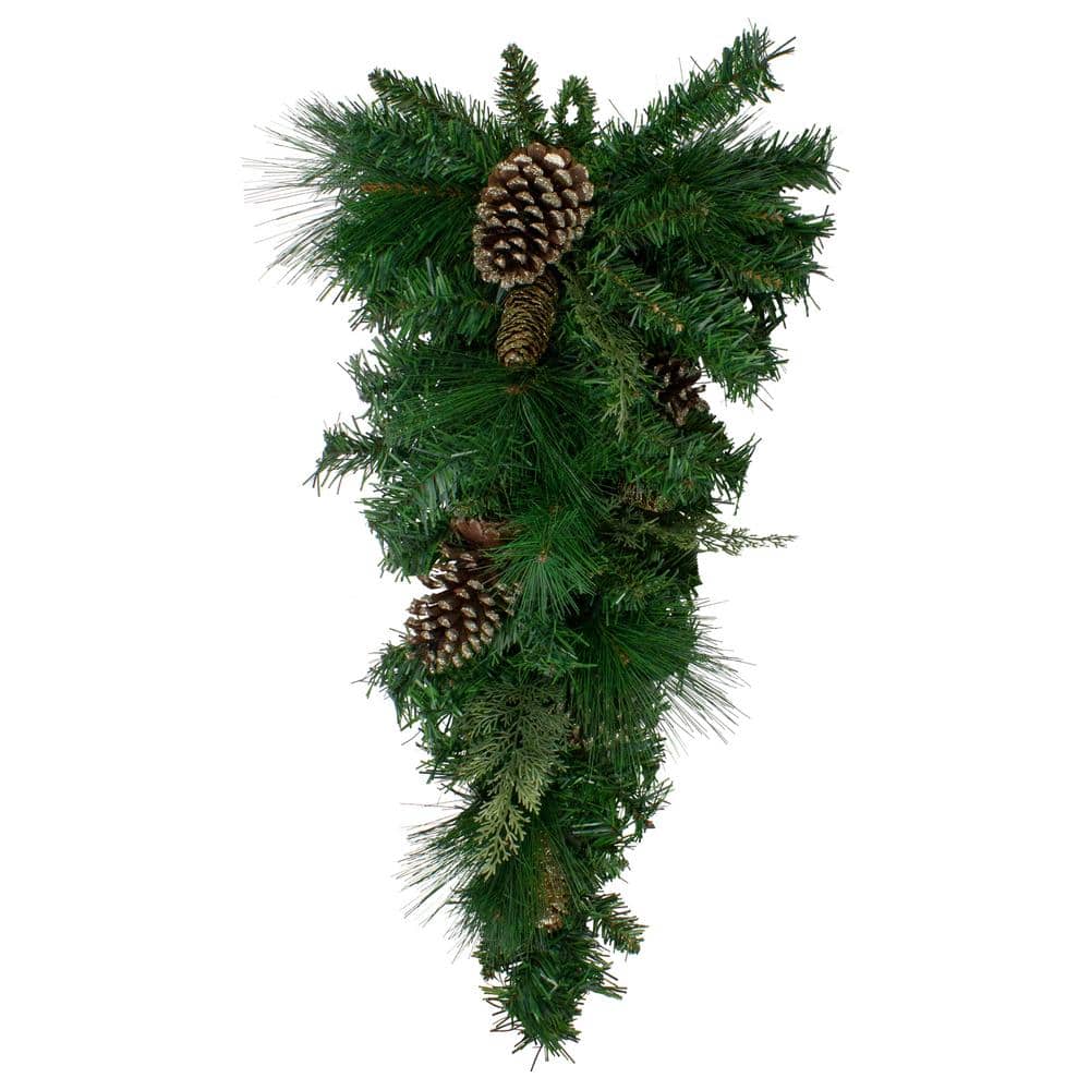 28 in. Unlit Artificial Mixed Pine with Pine Cones and Gold Glitter Christmas Teardrop Swag - Hercitys