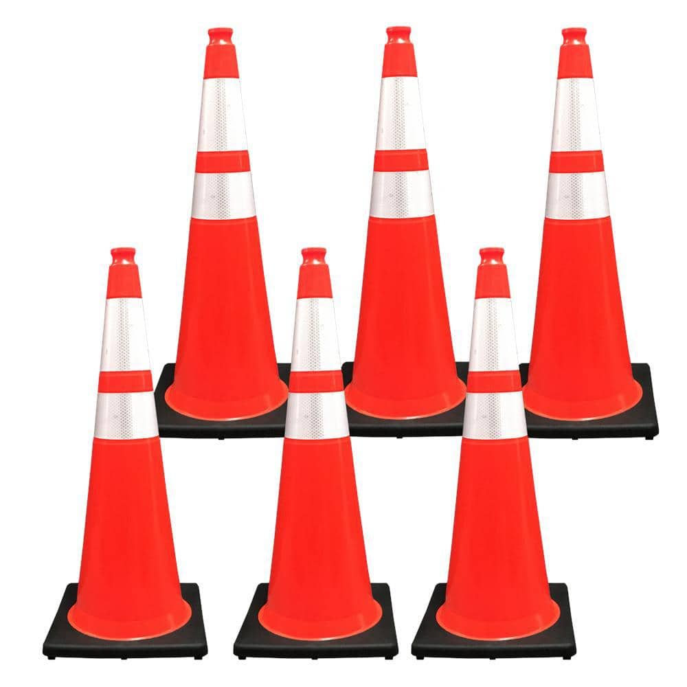 36 in. Orange Traffic Cone with Black Base and 4 in. and 6 in. Reflective Collars 10 lbs. (6-Pack) - Hercitys