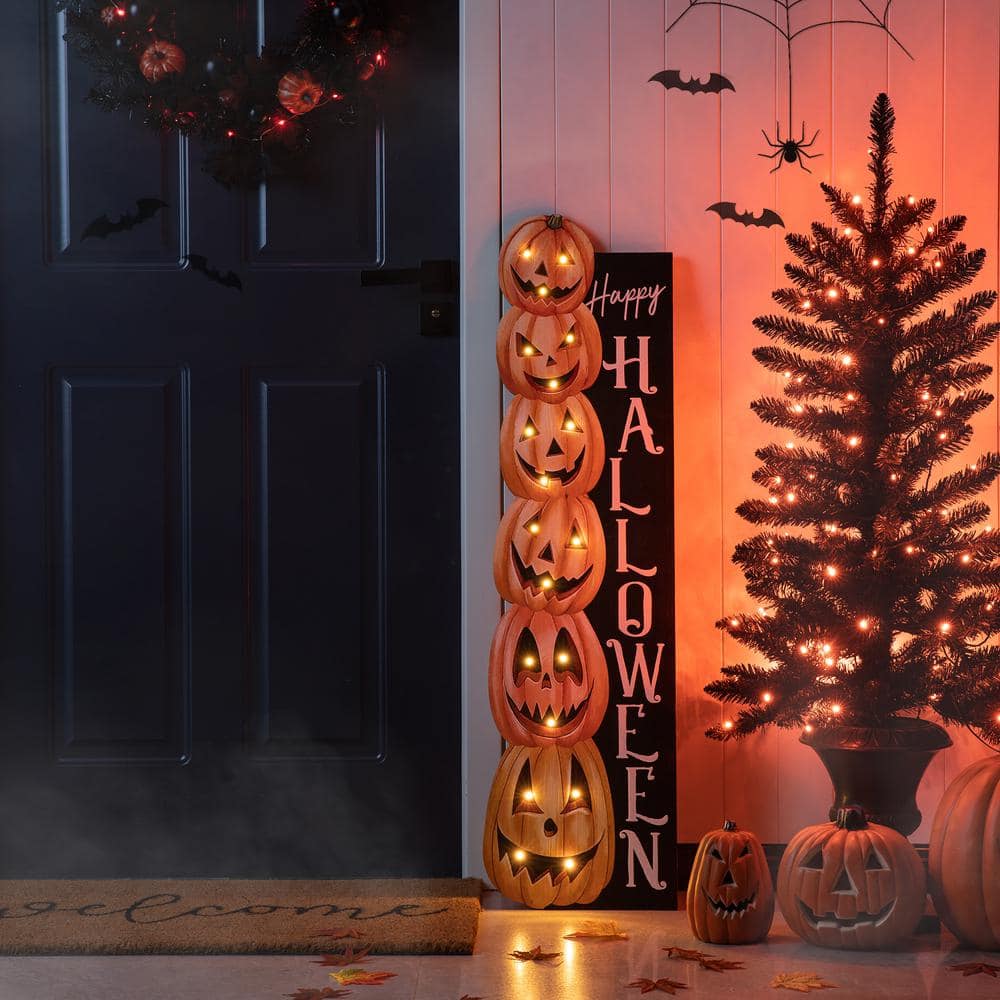 42 in. H Lighted Halloween Wooden Stacked Pumpkins Porch Sign with Timer - Hercitys