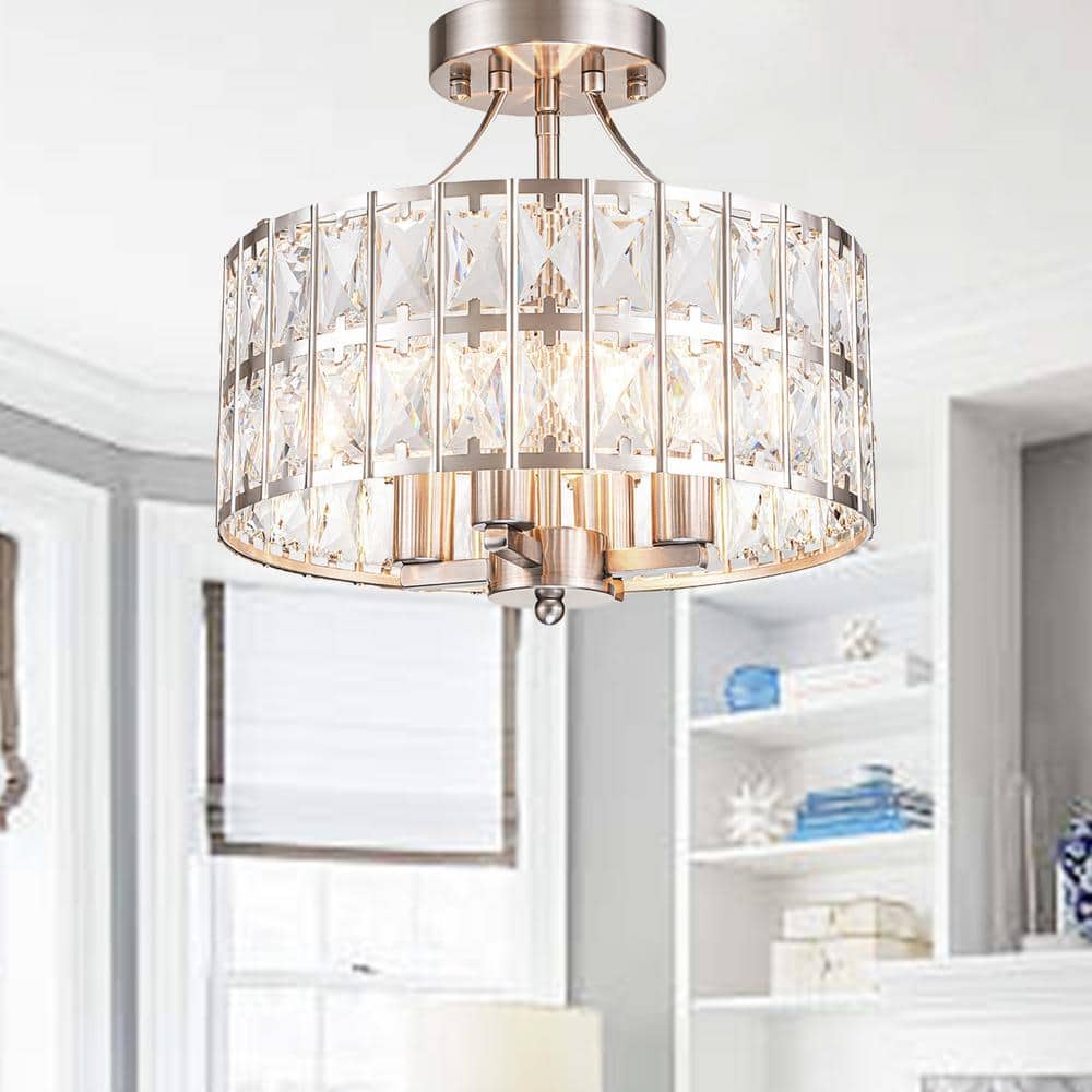 12.6 in. 4-Light Round Nickel Drum Semi Flush Mount Ceiling Light with Clear Crystal Glass with No Bulbs Included - Hercitys