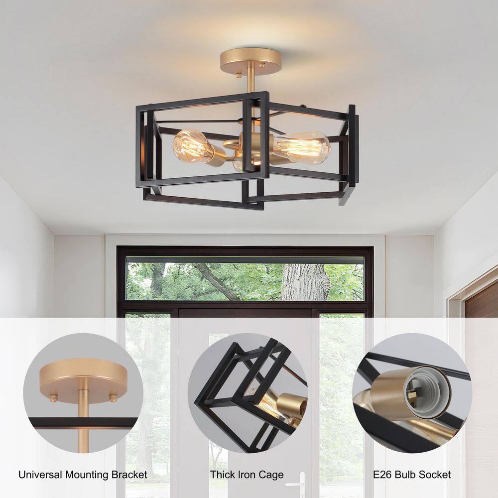 18.11 in. 3 Light Black and Gold Modern Farmhouse Hexagon Semi-Flush Mount Ceiling Light - Hercitys