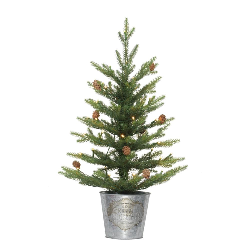 2 ft. Green Prelit Table Top Artificial Christmas Tree with 35 Lights in Silver Metal Pot with Pinecones - Hercitys