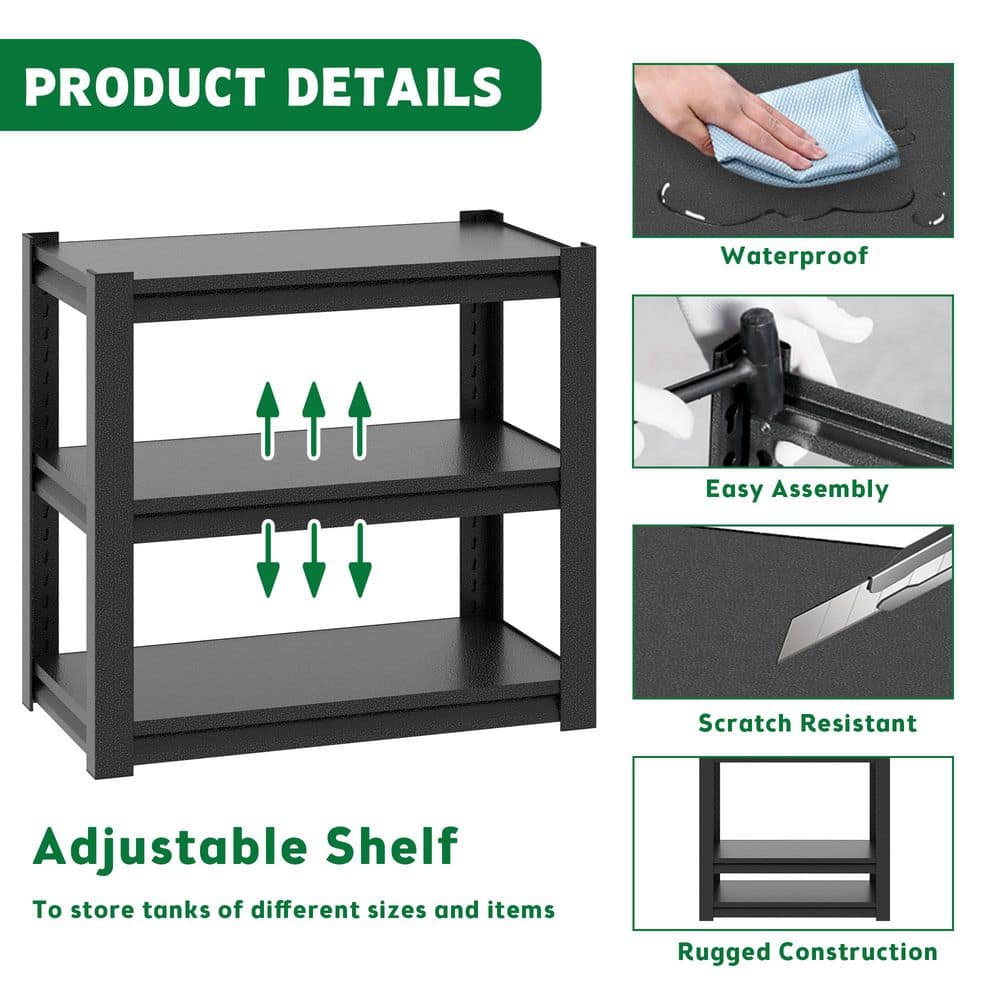 3-Tier Black Storage Metal Shelving, Adjustable Height, 660 lb. Heavy Duty Shelving - Hercitys