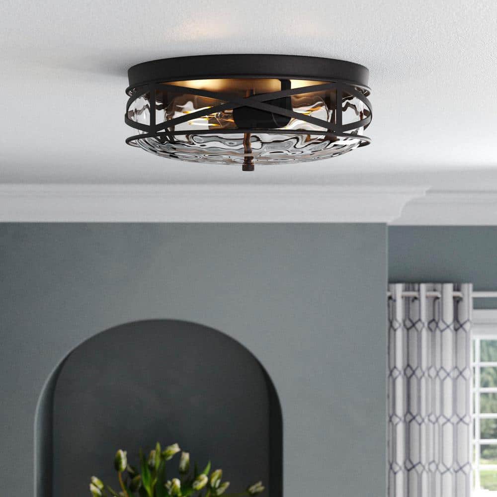 11.4 in. 2-Light Farmhouse Flush Mount Ceiling Light Fixture with Water Ripple Glass Shade - Hercitys