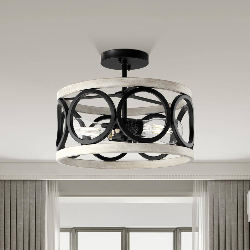 13 in. 2-Light Black and White Wood Finish Round Contemporary Semi- Flush Mount for Dining Room Hallway Entryway - Hercitys