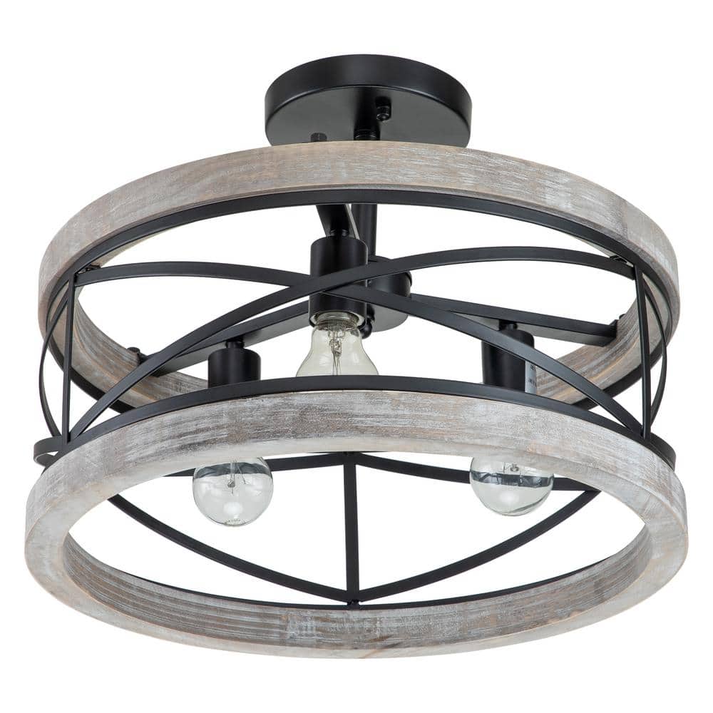 17.25 in. 3-Light Black Semi-Flush Mount with Wood Accent - Hercitys