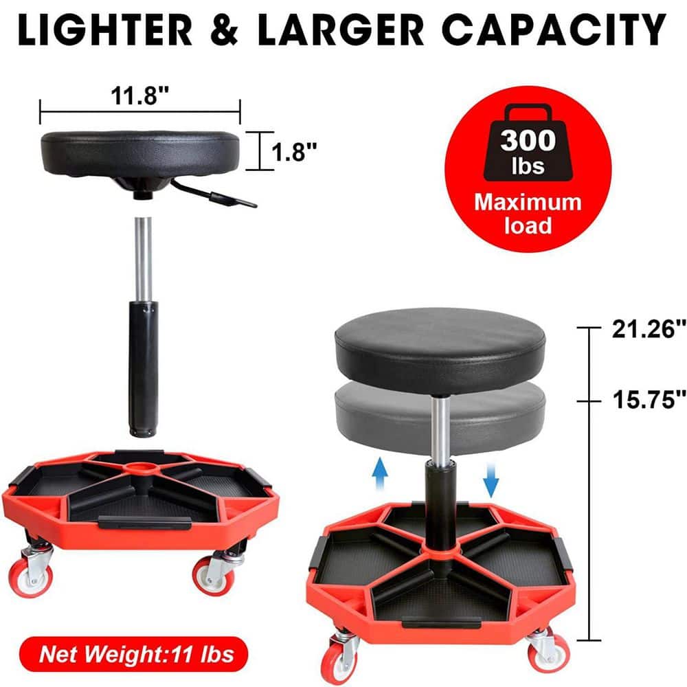 300 lbs. Rolling Mechanic Shop Seat Stool with Detachable Tool Trays - Hercitys