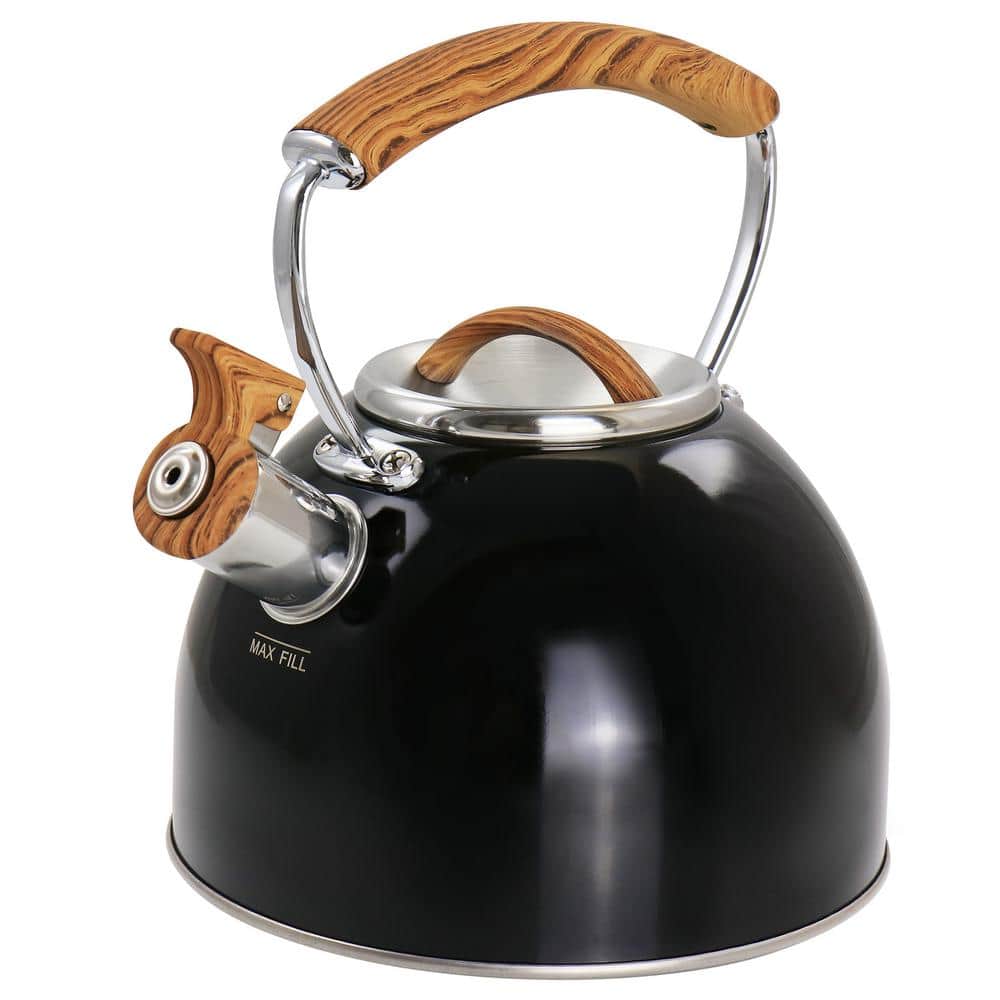2-Quart 8-Cup Black Stainless Steel Whistling Tea Kettle with Wood Pattern Handle - Hercitys