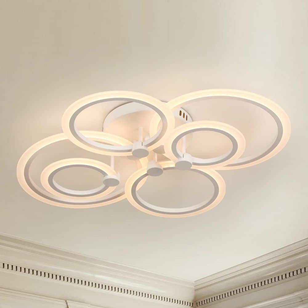 31 in. White Modern Integrated LED 6 Rings Circle Semi- Flush Mount Ceiling Light with Remote Control for Living Room - Hercitys