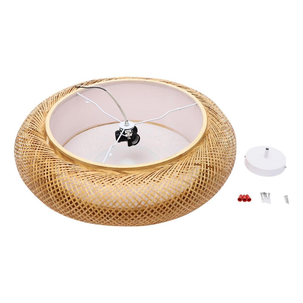 23.6 in. 3-Light Yellow Rural Round Semi-Flush Mount Ceiling Light with Rattan Shade and No Bulbs Included - Hercitys