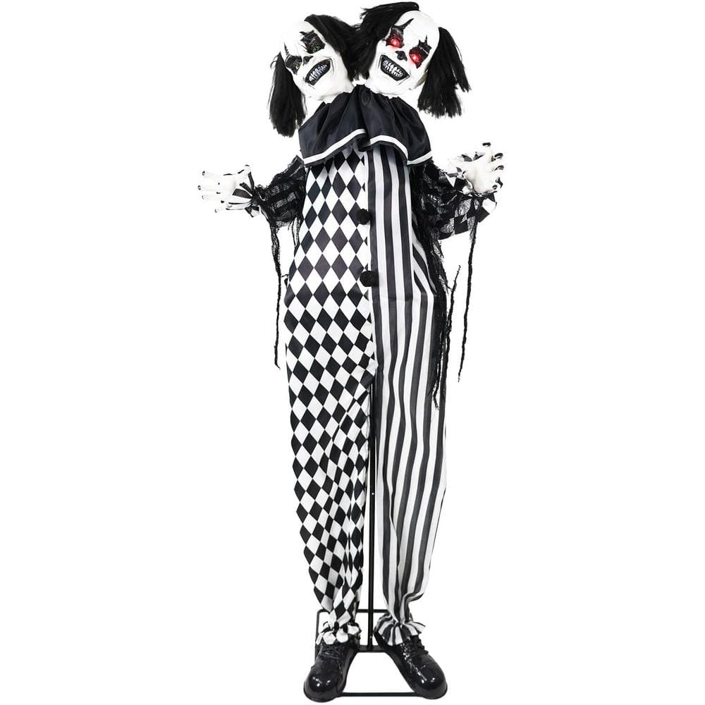 5.5 ft. in. Lifesize Animatronic 2-Headed Clown with Lights and Sound, Indoor/Covered Outdoor Halloween Decoration - Hercitys