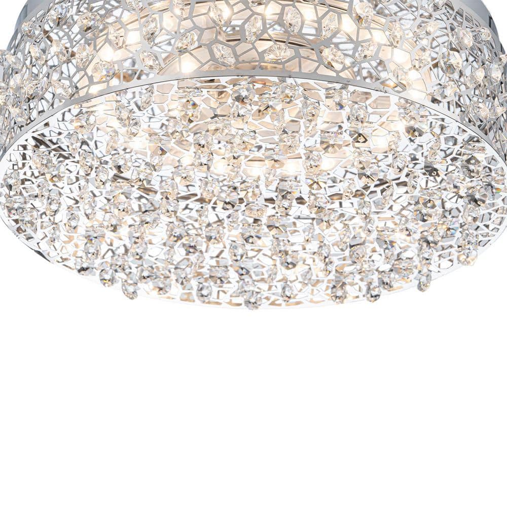 14.17 in. 20-Watt Modern Chrome Metal Round Integrated LED Flush Mount Ceiling Light with Beaded Drum Crystal Shade - Hercitys