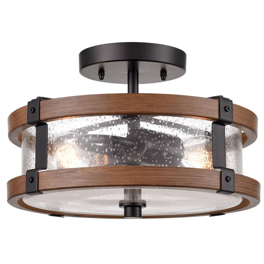 15.5 in. 2-Light Black Modern Semi-Flush Mount with Seeded Glass Shade and No Bulbs Included 1-Pack - Hercitys