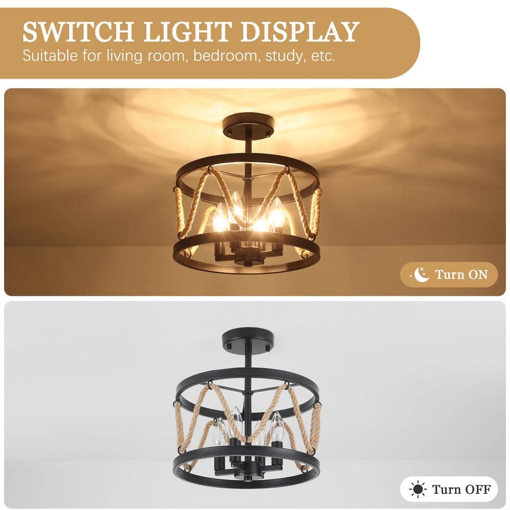 12.6 in. 4-Light Black Drum Metal Hemp Rope Candlestick Semi- Flush Mount Light with No Bulbs Included - Hercitys