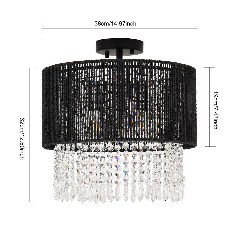 14.97 in. 3-Light Semi-Flush Mount with Rattan Shade and No Bulbs Included - Hercitys