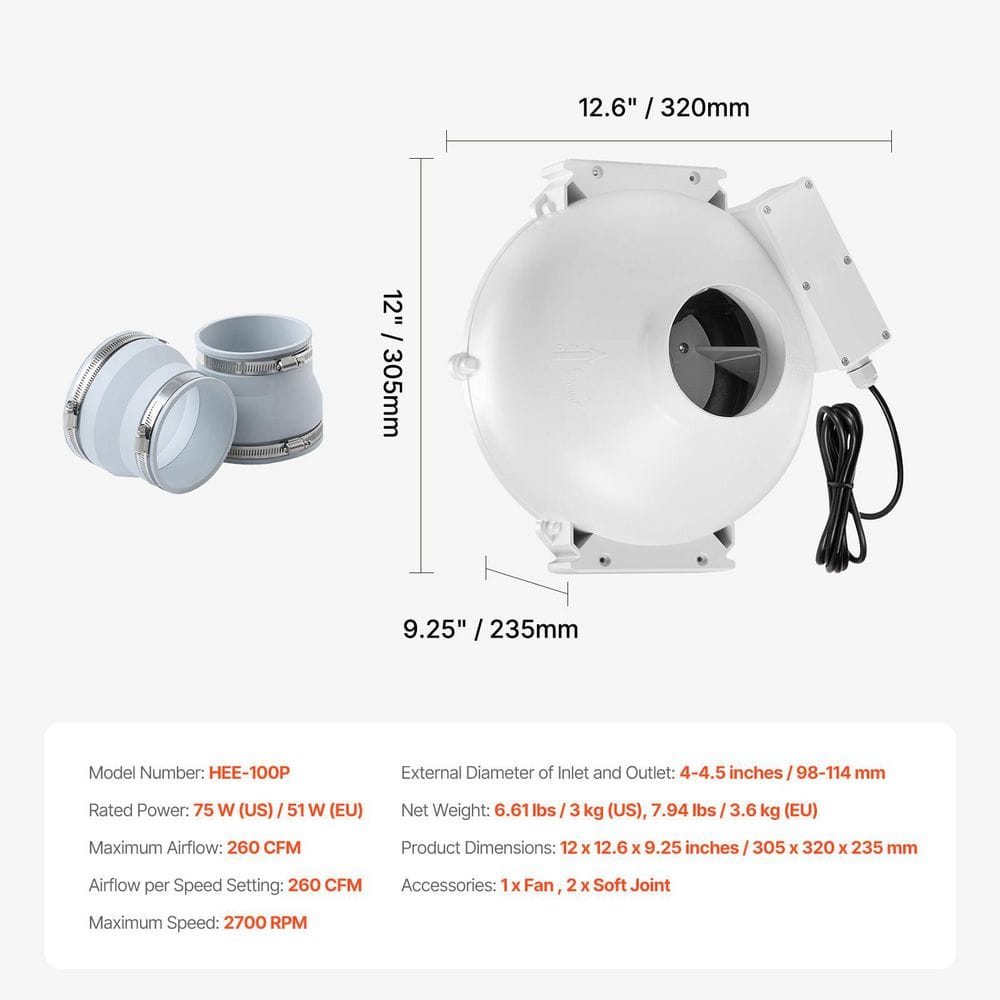 4 in. to 4.5 in. Radon Mitigation Fan System, Quiet 260 CFM Radon Mitigation Kit with 2-Couplers, Waterproof Radon Fan - Hercitys