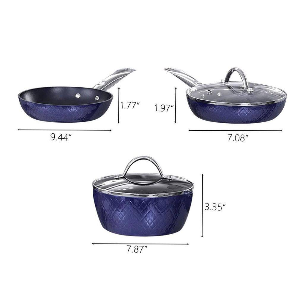 3-Piece Blue Stainless Steel Non-Stick Ceramic Cookware Set with Induction Fry Pan and Pot Saucepan with Lid - Hercitys