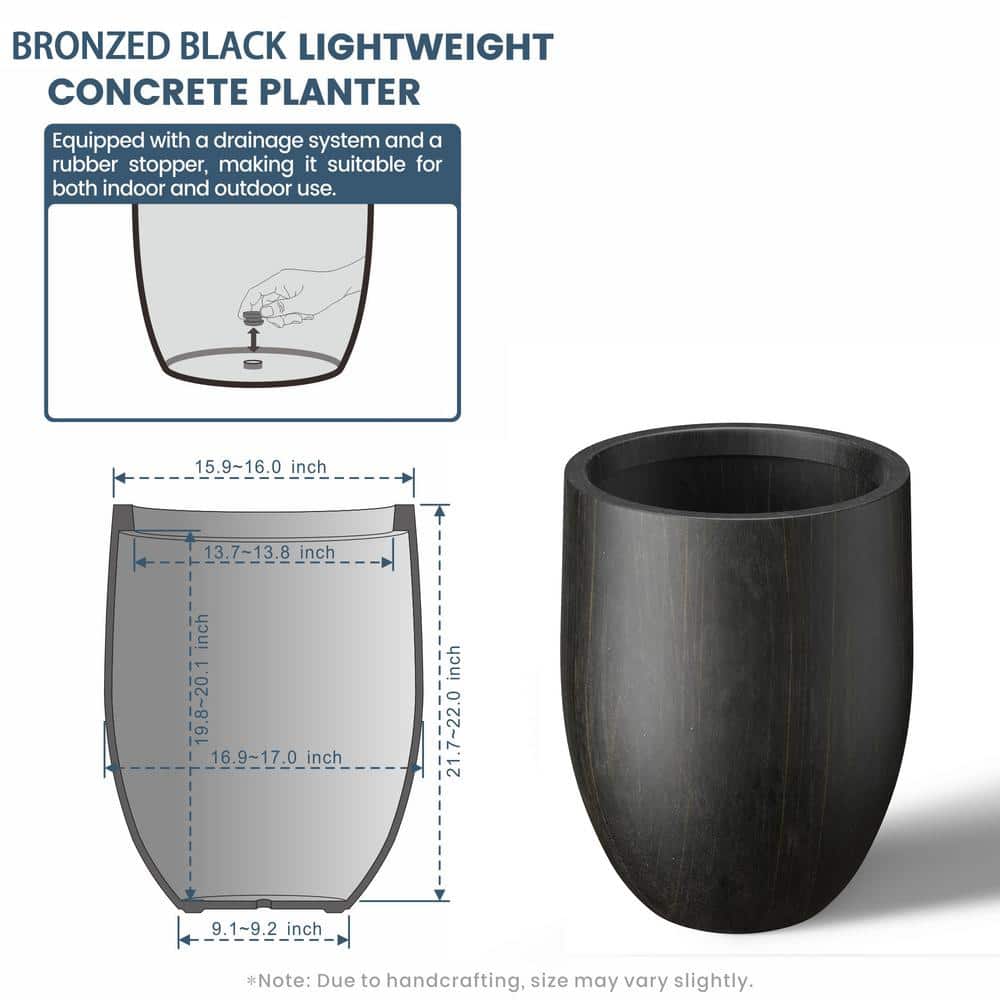 17 in. Large Bronzed Black Concrete Round planter / Pot with drainage holes - Hercitys