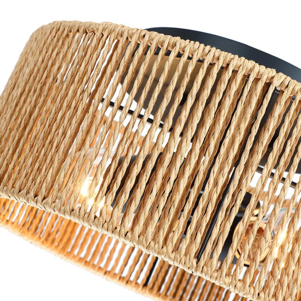 12 in. 2-Light Matte Black Modern Flush Mount with Natural Paper Shade No Bulbs Included - Hercitys