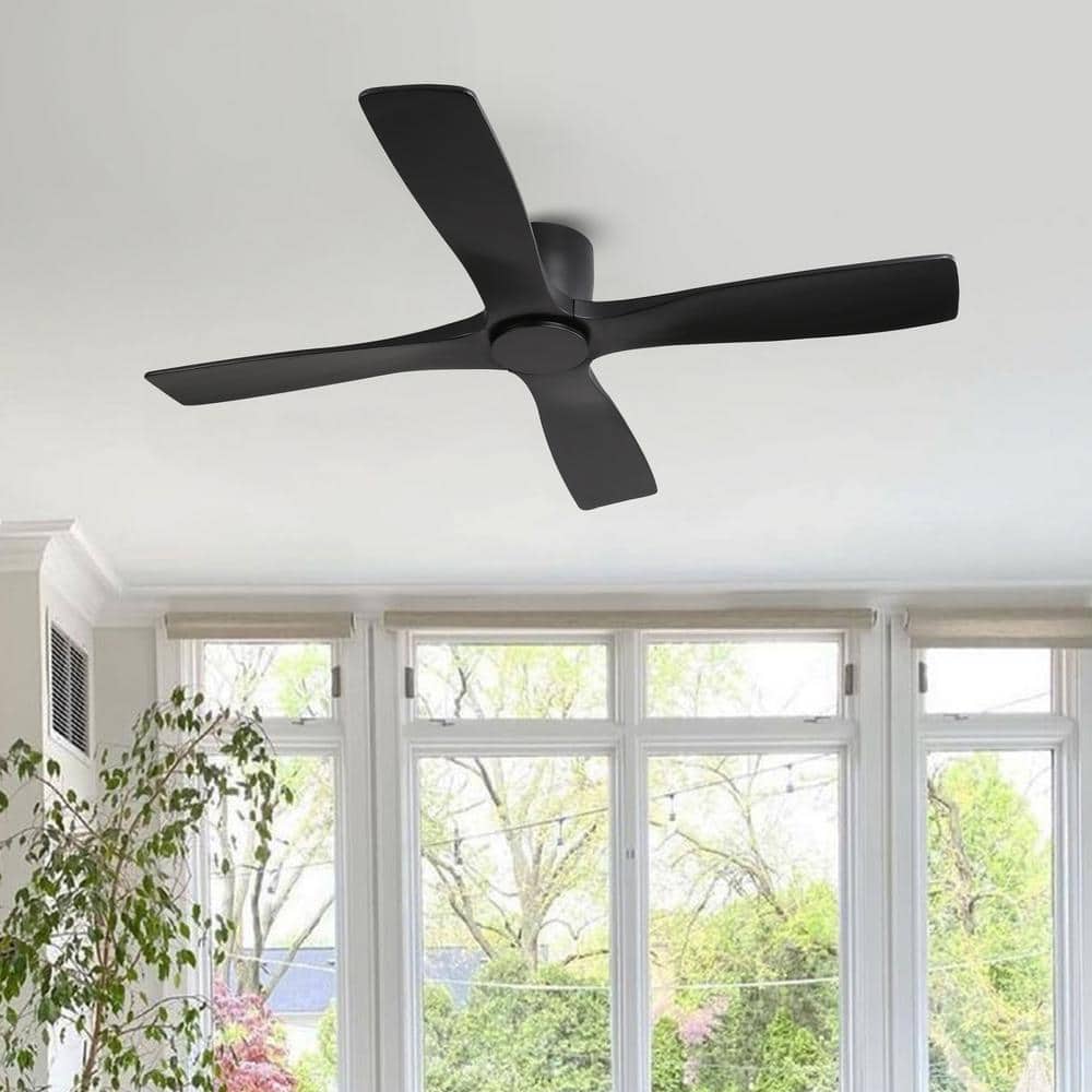 48 in. (4 ft.) 4 Solid Wood Blades Indoor Flush Mount Ceiling Fan with Remote, Black - Hercitys