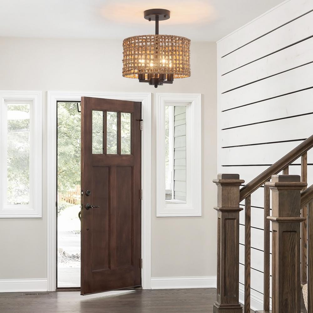 11.8 in. 4-Light Black Farmhouse Drum Semi-Flush Mount Ceiling Light Fixture with Hand Woven Shade - Hercitys