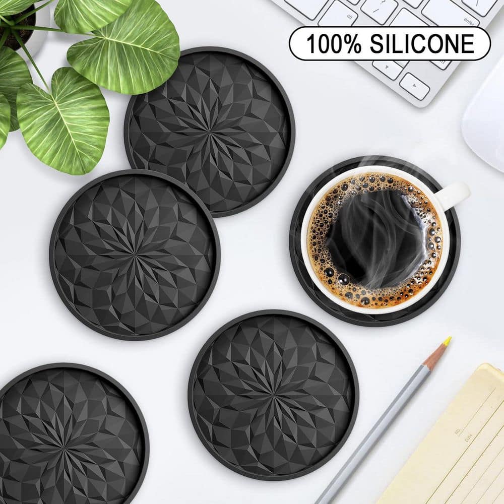 3.9 in. Silicone Coasters with Holder for Hot or Cold Drinks Thickened, Non-Slip, Non-stick, Deep Tray Black (Set of 6) - Hercitys