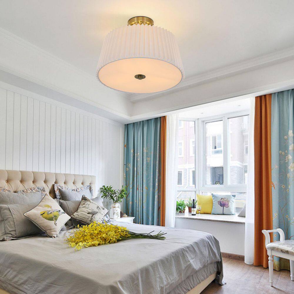 16 in. Modern 3-Light White Fabric Semi-Flush Mount Ceiling Light with Pleated Shade - Hercitys