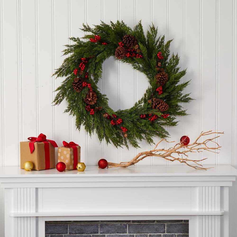 32 in. Cypress with Berries and Pine Cones Artificial Wreath - Hercitys