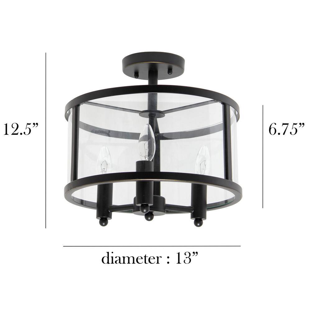 13 in. 3-Light Black Iron and Glass Shade Industrial Ceiling Mounted Round Semi-Flush Mount - Hercitys
