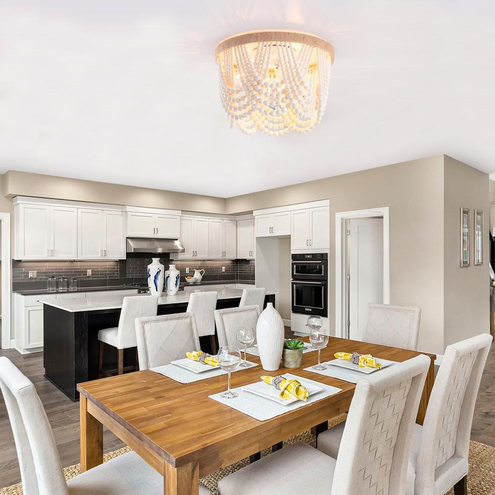 12.6 in. 3-Light Antique Rustic White Flush Mount Bohemia Wood Beaded Ceiling Light Mini Chandelier - Hercitys