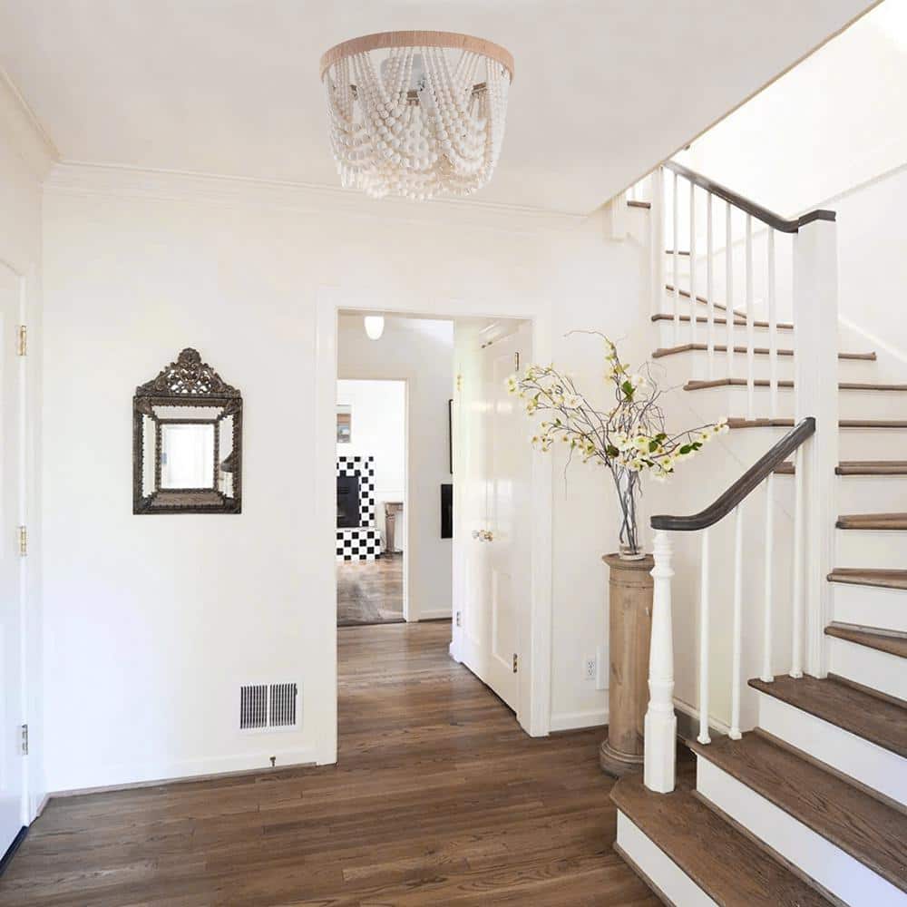 12.6 in. 3-Light Antique Rustic White Flush Mount Bohemia Wood Beaded Ceiling Light Mini Chandelier - Hercitys